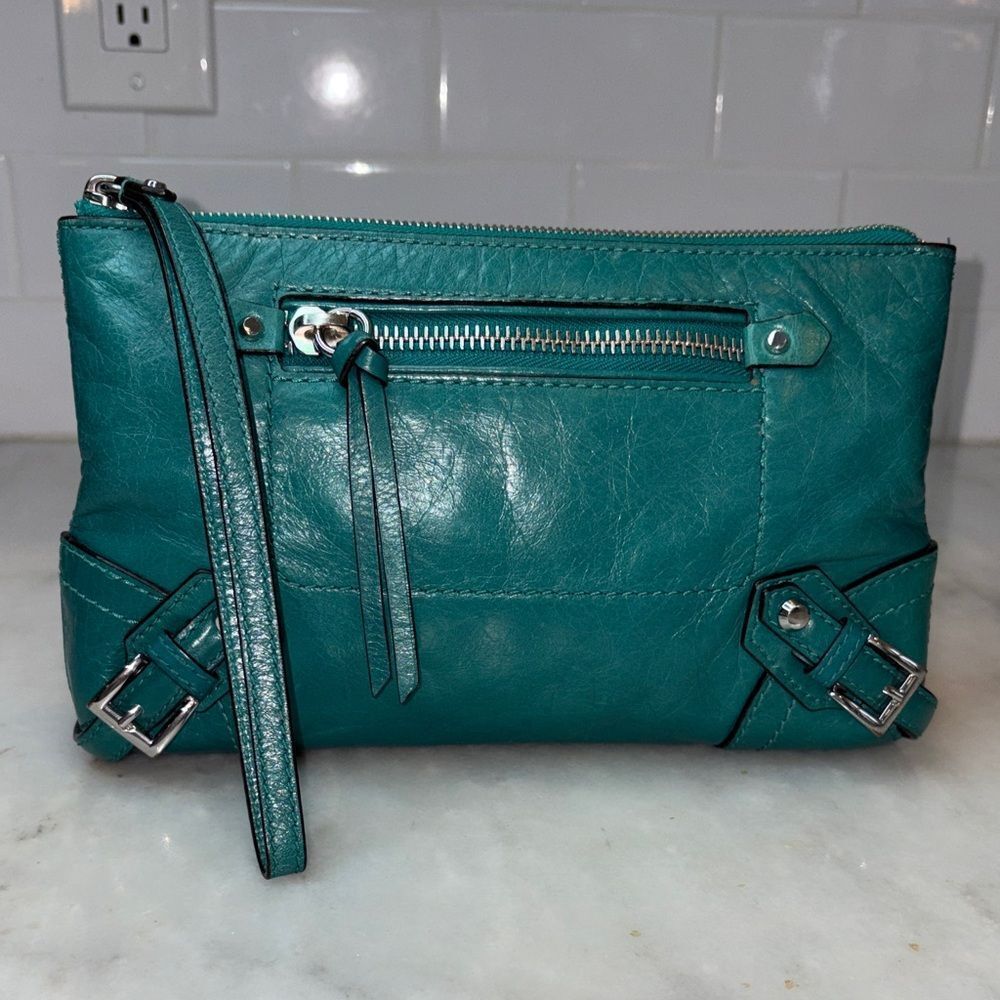 Michael Kors Purse Bag Fallon Large Leather Zip Clutch Wristlet Teal Aqua HTF